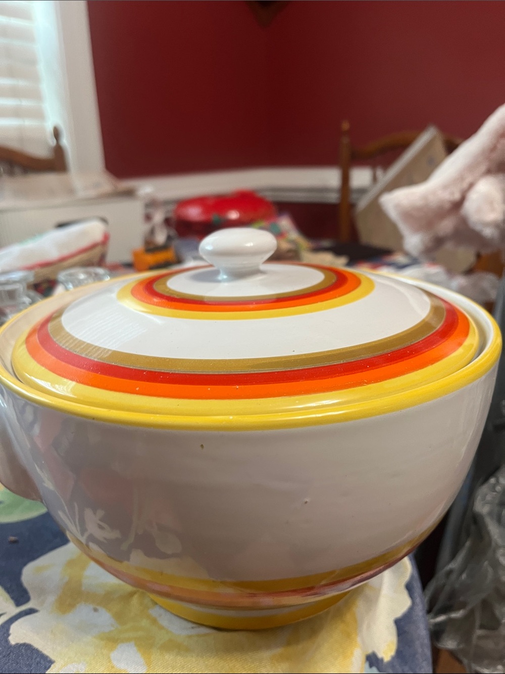 Vintage Italian Ceramic Soup Tureen with Lid: 1970s Mod Striped Pottery